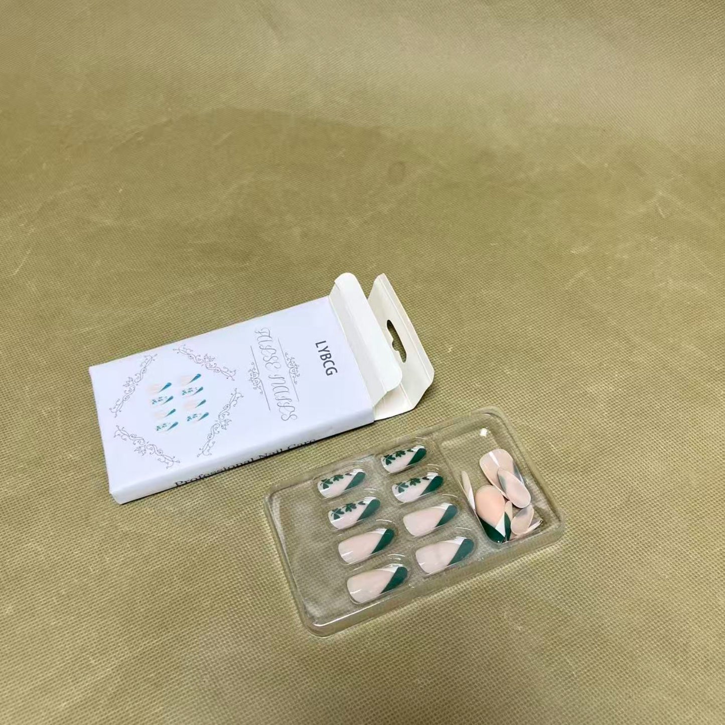 LYBCG False Nails, Press On Nails with Green Leaf Floral Design, Almond Shape Artificial Nail Tips Set