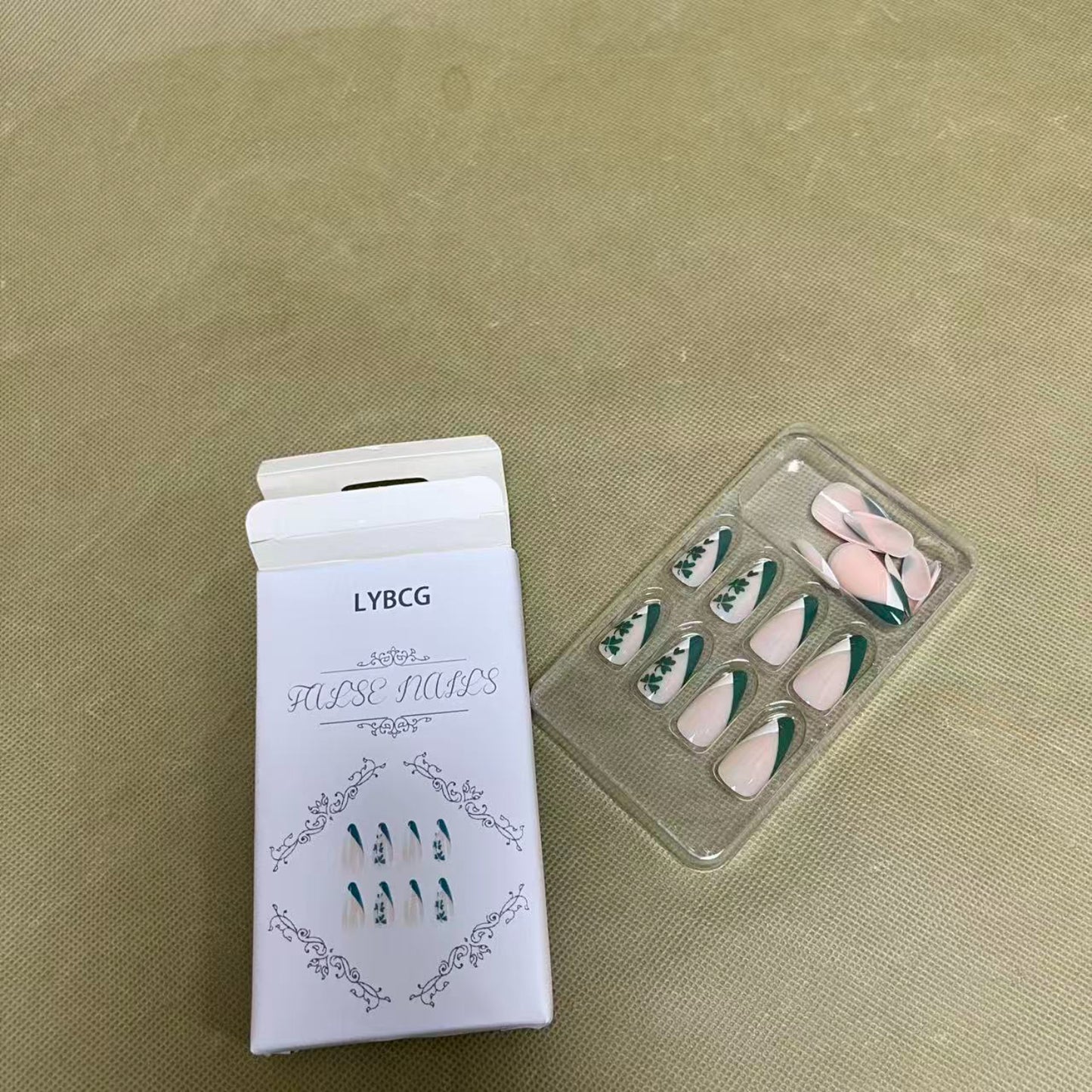 LYBCG False Nails, Press On Nails with Green Leaf Floral Design, Almond Shape Artificial Nail Tips Set