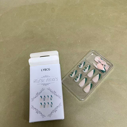 LYBCG False Nails, Press On Nails with Green Leaf Floral Design, Almond Shape Artificial Nail Tips Set
