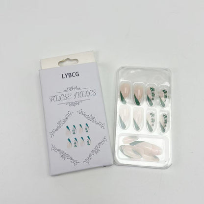 LYBCG False Nails, Press On Nails with Green Leaf Floral Design, Almond Shape Artificial Nail Tips Set