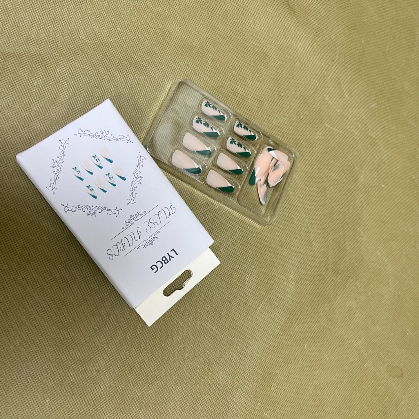 LYBCG False Nails, Press On Nails with Green Leaf Floral Design, Almond Shape Artificial Nail Tips Set