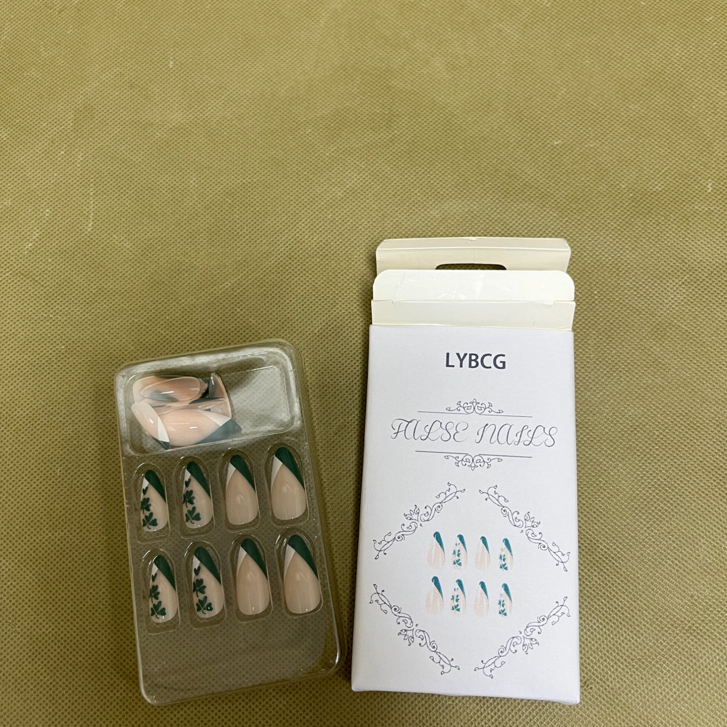LYBCG False Nails, Press On Nails with Green Leaf Floral Design, Almond Shape Artificial Nail Tips Set