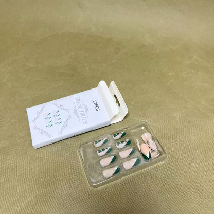 LYBCG False Nails, Press On Nails with Green Leaf Floral Design, Almond Shape Artificial Nail Tips Set